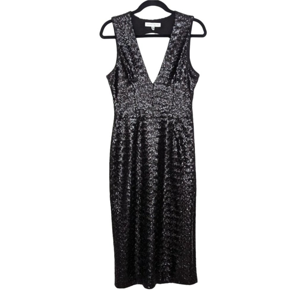 DRESS THE POPULATION‎ Black Sequin Halter Sheath Low back midi Cocktail dress M